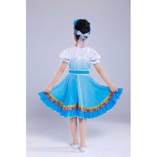 Blue gradient girls princesses childs kids traditional Russian national dress stage dance costume for child